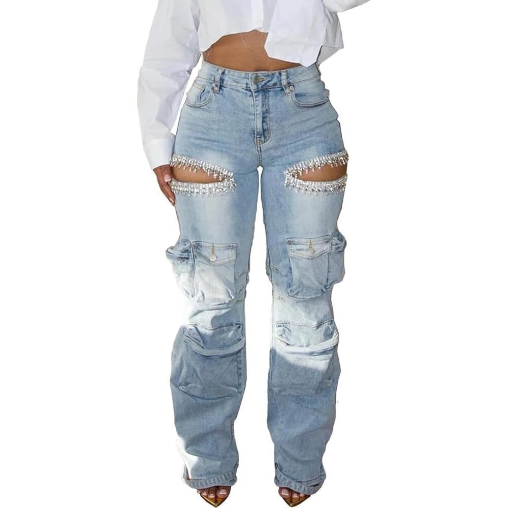 Women's Ripped Cargo Jeans High Rise Wide Leg Y2K Sparkly Blue Large